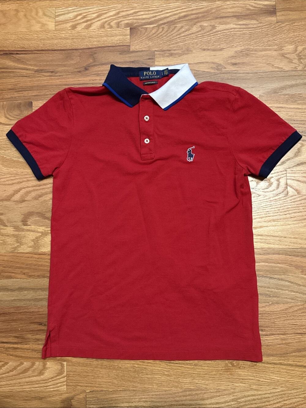 Polo Ralph Lauren Red Shirt Blue/White Collar POLO on Collar Rubber Pony Size SM